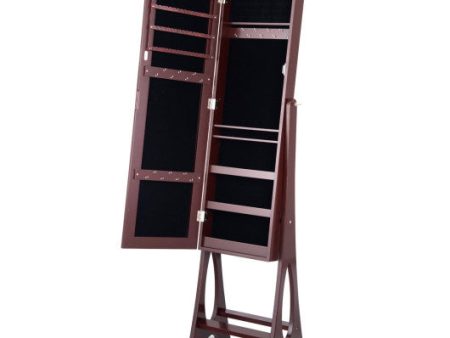 LED Jewelry Cabinet Armoire Organizer with Bevel Edge Mirror-Brown Online Sale