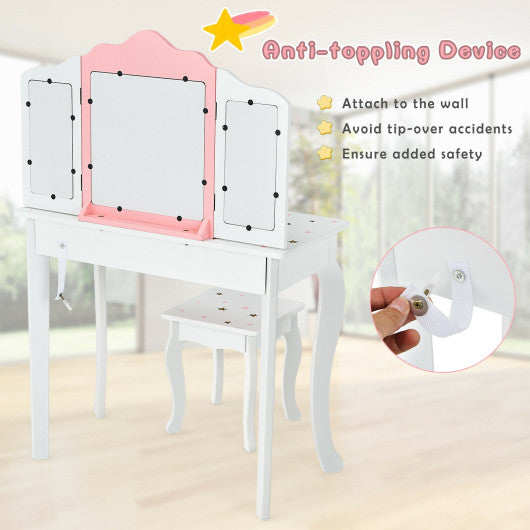 Kids Princess Vanity Table and Stool Set with Tri-folding Mirror and Drawer-White For Discount