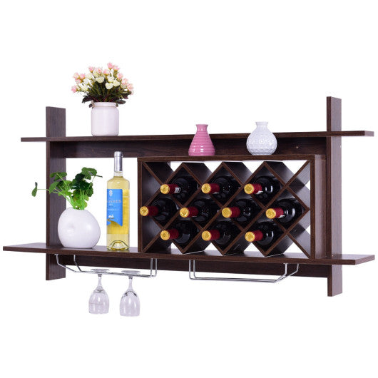 Wall Mount Wine Rack with Glass Holder & Storage Shelf-Walnut Supply