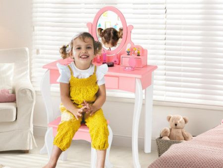 Kids Vanity Princess Makeup Dressing Table Stool Set with Mirror and Drawer-Pink Discount