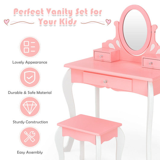 Kids Vanity Princess Makeup Dressing Table Stool Set with Mirror and Drawer-Pink Discount