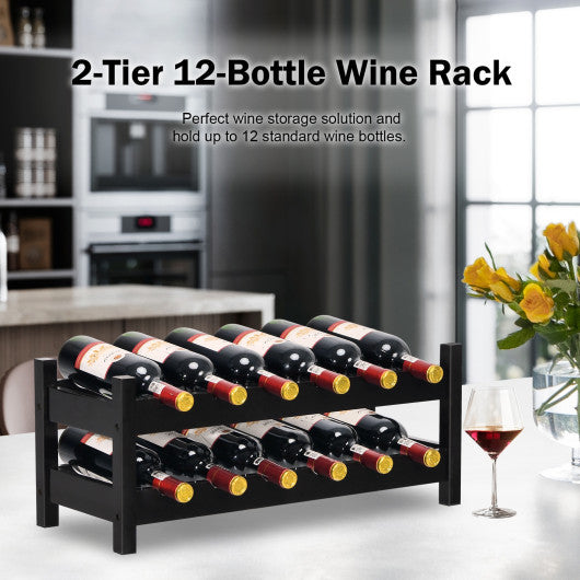 2-Tier 12 Bottles Bamboo Storage Shelf  Wine Rack-Brown on Sale