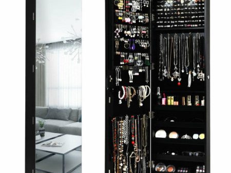 Wall and Door Mounted Mirrored Jewelry Cabinet with Lights-Black For Sale