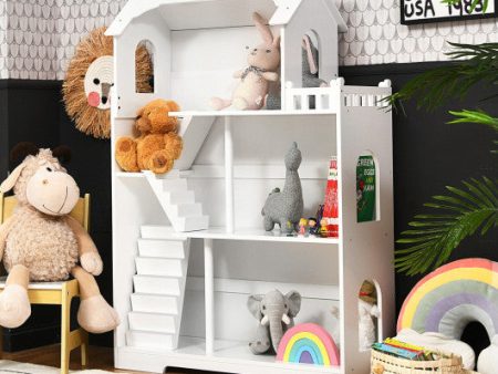 Kids Wooden Dollhouse Bookshelf with Anti-Tip Design and Storage Space-White For Cheap