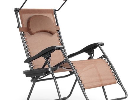 Folding Recliner Lounge Chair with Shade Canopy Cup Holder-Brown Supply