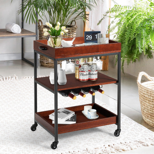 3 Tiers Kitchen Island Serving Bar Cart with Glasses Holder and Wine Bottle Rack Discount