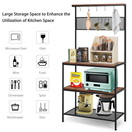 4-Tier Kitchen Rack Stand with Hooks and Mesh Panel Online Hot Sale