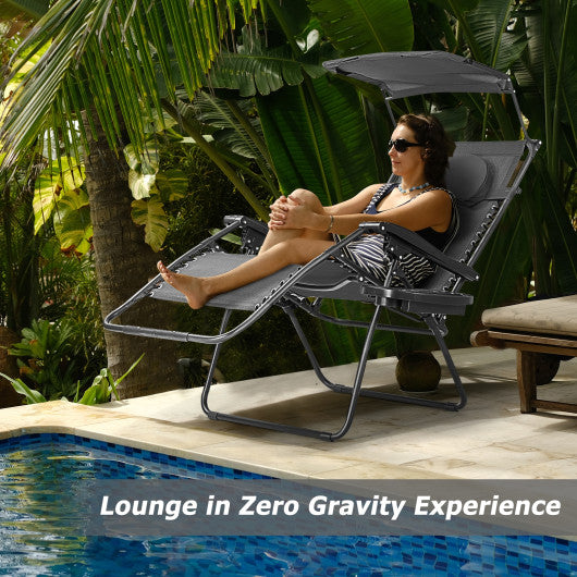 Folding Recliner Lounge Chair with Shade Canopy Cup Holder-Black Supply