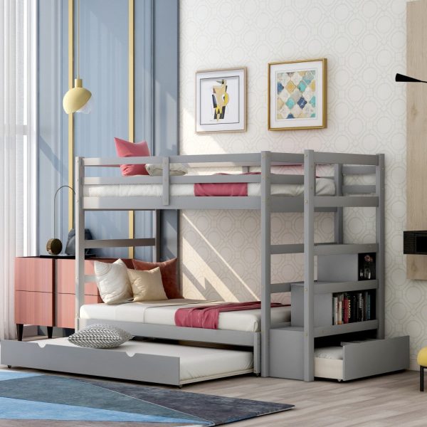 Gray Twin Over Twin Contemporary Bunk Bed With Stairs Discount