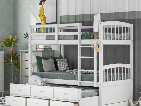 White Twin Over Twin Bunk Bed with Trundle and Drawers Online