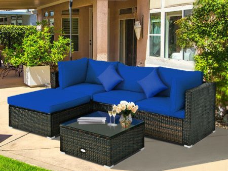 5 Pcs Outdoor Patio Rattan Furniture Set Sectional Conversation with Navy Cushions-Navy Sale