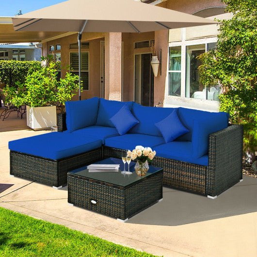 5 Pcs Outdoor Patio Rattan Furniture Set Sectional Conversation with Navy Cushions-Navy Sale