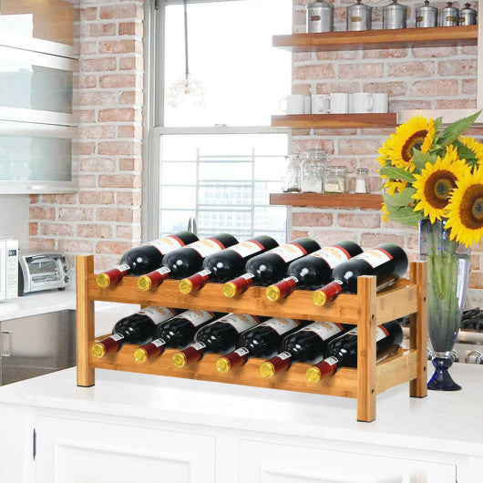 2-Tier 12 Bottles Bamboo Storage Shelf  Wine Rack-Natural Hot on Sale