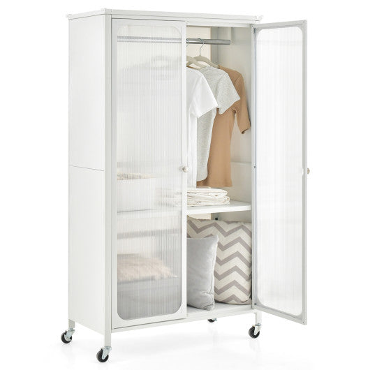 Rolling Storage Armoire Closet with Hanging Rod and Adjustable Shelf-White Fashion