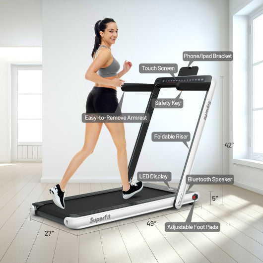 2-in-1 Electric Motorized Health and Fitness Folding Treadmill with Dual Display and Speaker-White Online