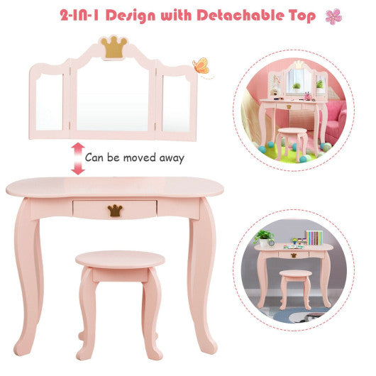 Kids Makeup Dressing Table with Tri-folding Mirror and Stool-Pink Cheap