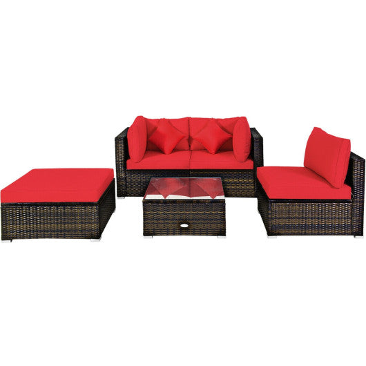 5 Pcs Outdoor Patio Rattan Furniture Set Sectional Conversation with Navy Cushions-Red on Sale