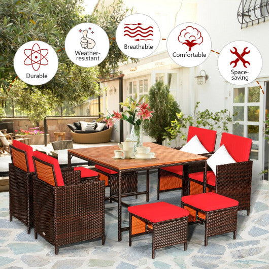 9 Pieces Patio Rattan Dining Cushioned Chairs Set-Red For Cheap