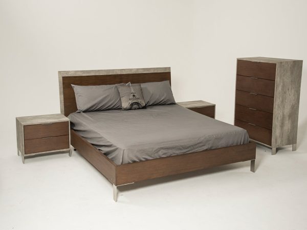 Modern Dark Walnut & Concrete Queen Bed Discount