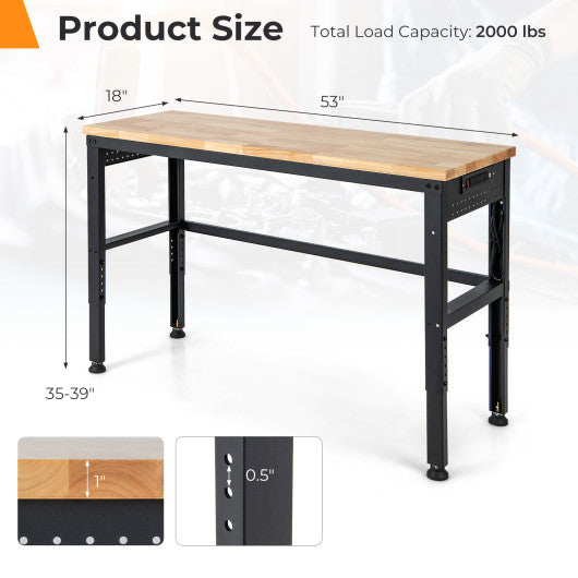 53 Inch Adjustable Heavy-Duty Workbench with Rubber Wood Top For Cheap