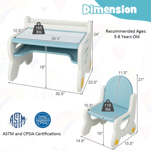 Kids Drawing Table and Chair Set with Watercolor Pens and Blackboard Eraser-Blue Online Sale