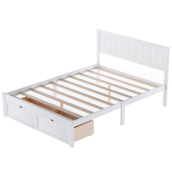 White Ribbed Texture Wood Full With Two Drawers Bed Frame Discount