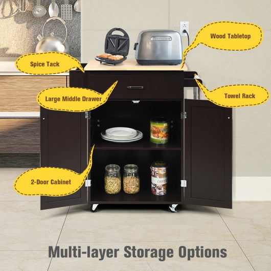 Utility Rolling Storage Cabinet Kitchen Island Cart with Spice Rack-Brown For Cheap