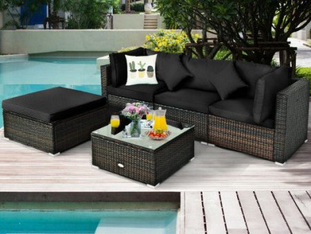 5 Pcs Outdoor Patio Rattan Furniture Set Sectional Conversation with Cushions-Black Hot on Sale