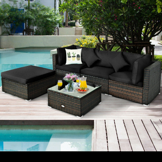 5 Pcs Outdoor Patio Rattan Furniture Set Sectional Conversation with Cushions-Black Hot on Sale