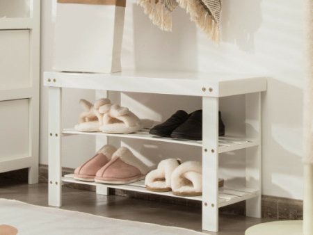 3-Tier Bamboo Shoe Bench Holds up to 6 Pairs for Entry-White on Sale