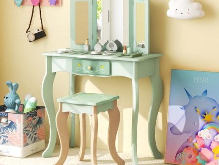 Kids Vanity Set with Tri-folding Mirror-Green Fashion