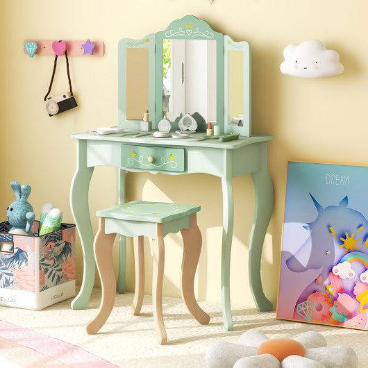 Kids Vanity Set with Tri-folding Mirror-Green Fashion