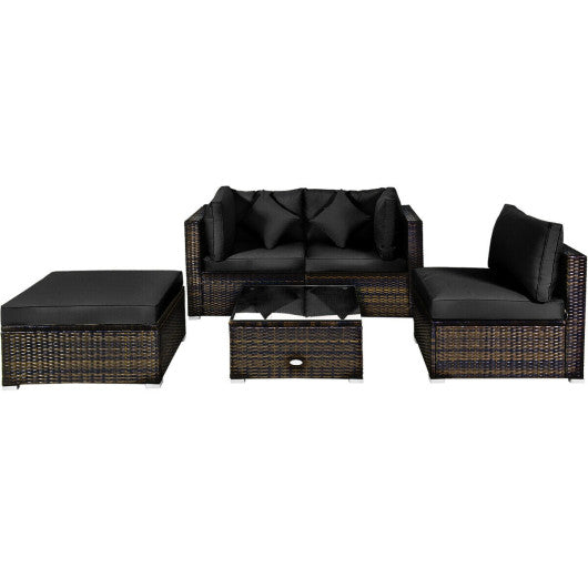 5 Pcs Outdoor Patio Rattan Furniture Set Sectional Conversation with Cushions-Black Hot on Sale