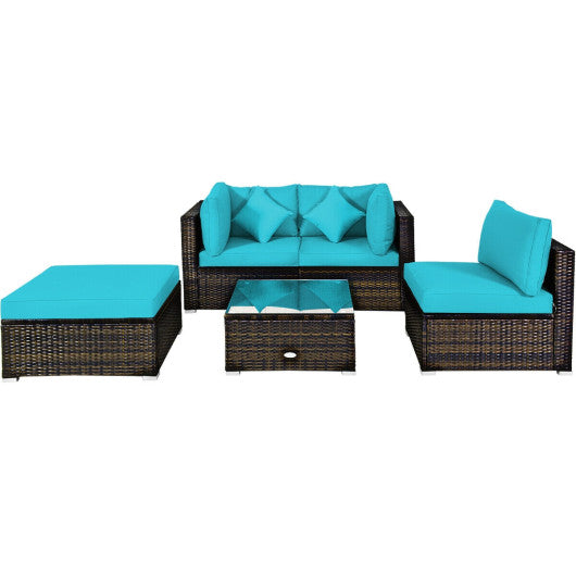 5 Pcs Outdoor Patio Rattan Furniture Set Sectional Conversation with Navy Cushions-Turquoise Online Hot Sale