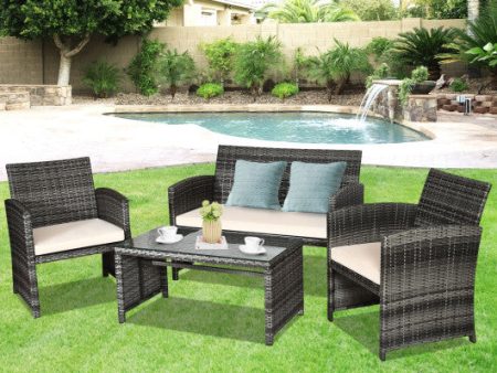 4 Pcs Patio Rattan Furniture Set Top Sofa With Glass Table-White Sale