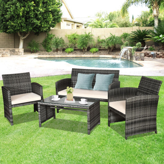 4 Pcs Patio Rattan Furniture Set Top Sofa With Glass Table-White Sale