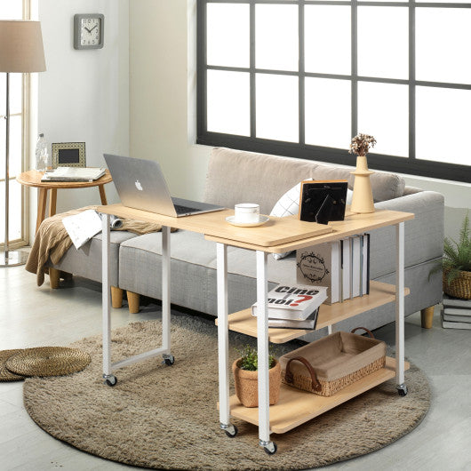 360° Rotating Sofa Side Table with Storage Shelves and Wheels-Natural Fashion