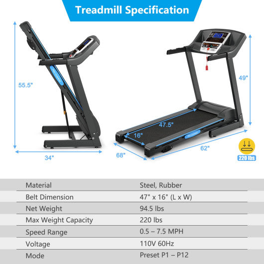 2.25 HP Folding Electric Motorized Power Treadmill Machine with LCD Display Online Hot Sale