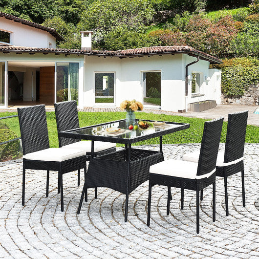 5 Pieces Outdoor Patio Rattan Dining Set with Glass Top with Cushions on Sale