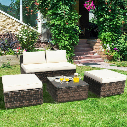 5 Pieces Patio Rattan Furniture Set with Cushioned Armless Sofa-White Discount