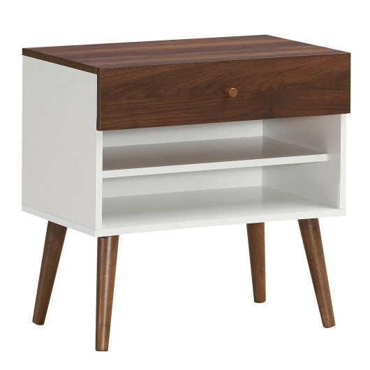 Mid-Century Nightstand with Drawer and Rubber Wood Legs Hot on Sale