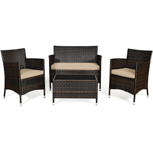 4 Pieces Comfortable Outdoor Rattan Sofa Set with Glass Coffee Table-Light Brown Discount