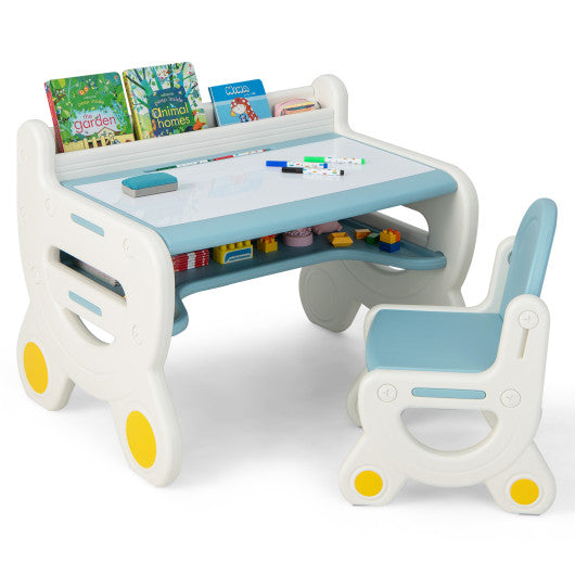 Kids Drawing Table and Chair Set with Watercolor Pens and Blackboard Eraser-Blue Online Sale