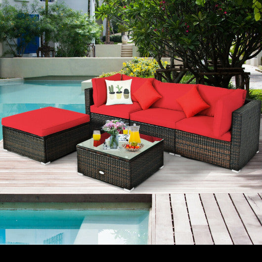 5 Pcs Outdoor Patio Rattan Furniture Set Sectional Conversation with Navy Cushions-Red on Sale