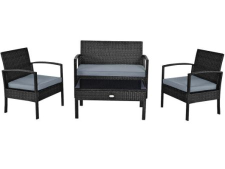 4 Pieces Patio Rattan Cushioned Furniture Set with Loveseat and Table-Black Cheap