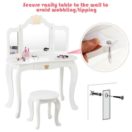 Kids Makeup Dressing Table with Tri-folding Mirror and Stool-White Cheap