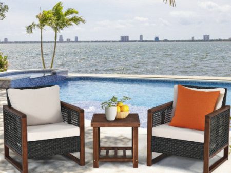 3 Pieces Patio Wicker Furniture Set with Washable Cushion and Acacia Wood Coffee Table-Beige Supply