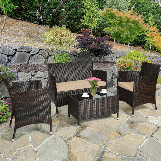 4 Pieces Comfortable Outdoor Rattan Sofa Set with Glass Coffee Table-Light Brown Discount