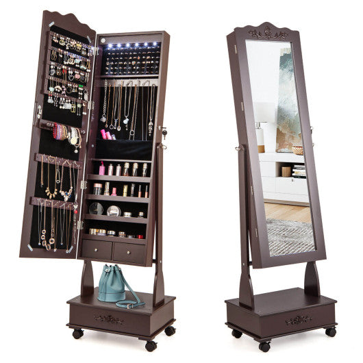 Rolling Floor Standing Mirrored Jewelry Armoire with Lock and Drawers-Brown Online