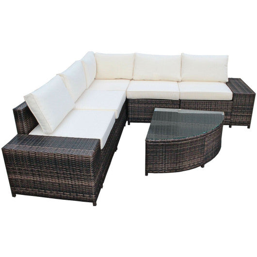 6 Piece Wicker Patio Sectional Sofa Set with Tempered Glass Coffee Table-White on Sale